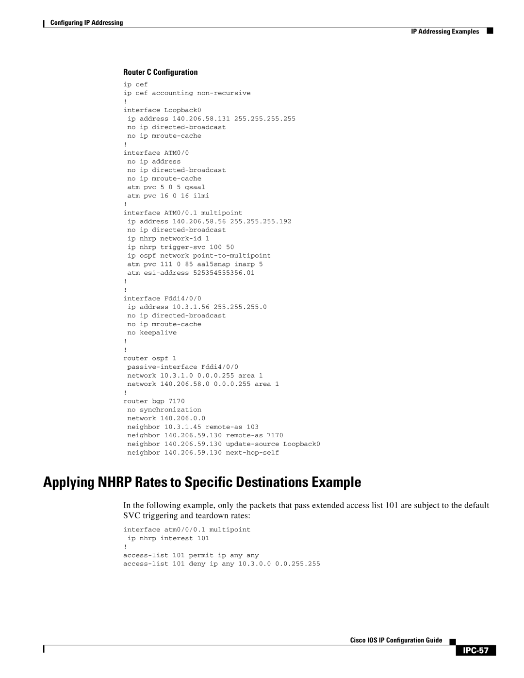 Cisco Systems 78-11741-02 manual Applying Nhrp Rates to Specific Destinations Example, IPC-57, Interface Fddi4/0/0 