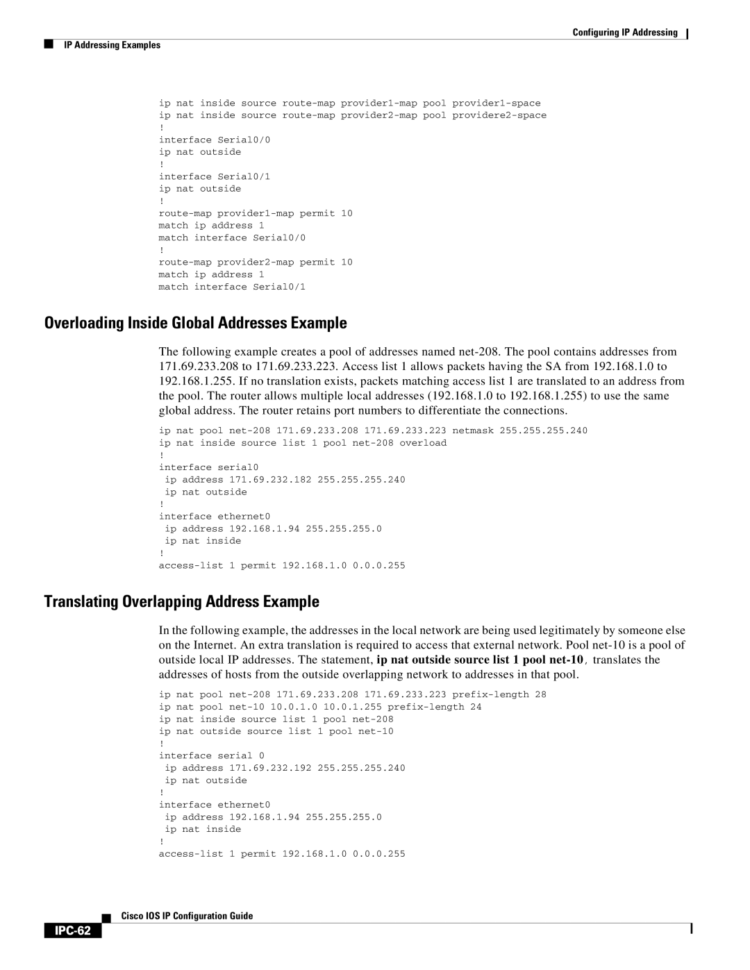 Cisco Systems 78-11741-02 Overloading Inside Global Addresses Example, Translating Overlapping Address Example, IPC-62 