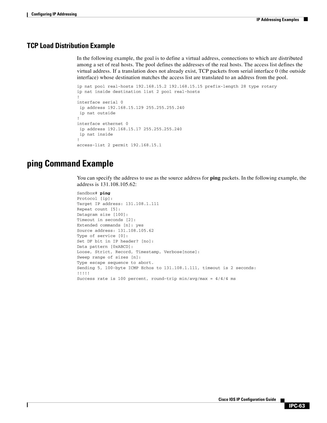 Cisco Systems 78-11741-02 manual Ping Command Example, TCP Load Distribution Example, IPC-63 