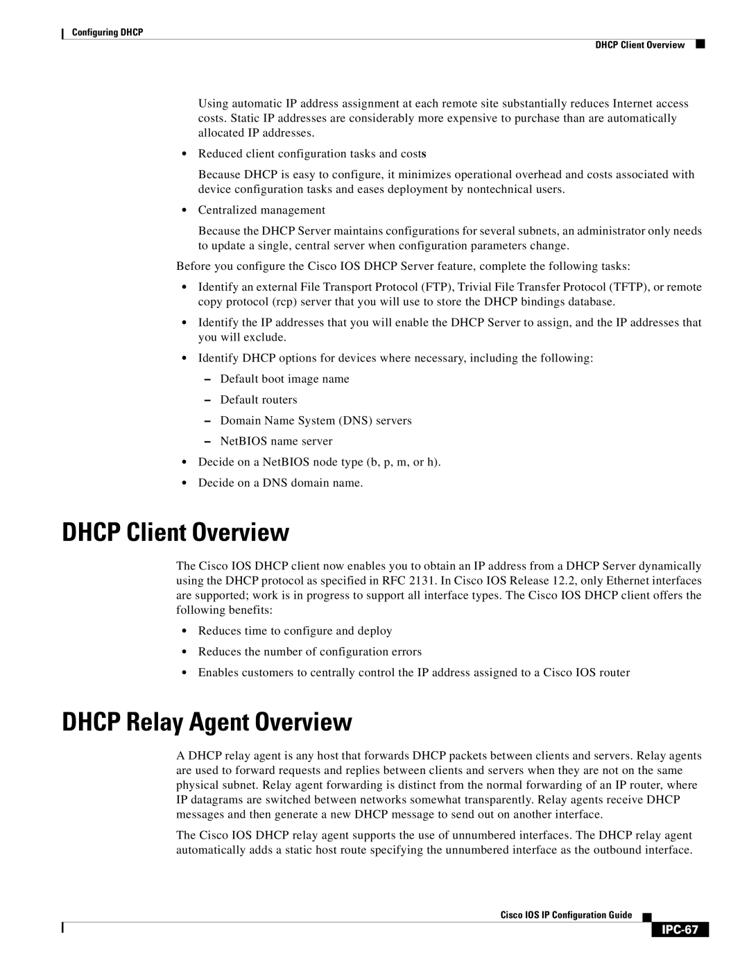 Cisco Systems 78-11741-02 manual Dhcp Client Overview, Dhcp Relay Agent Overview, IPC-67 