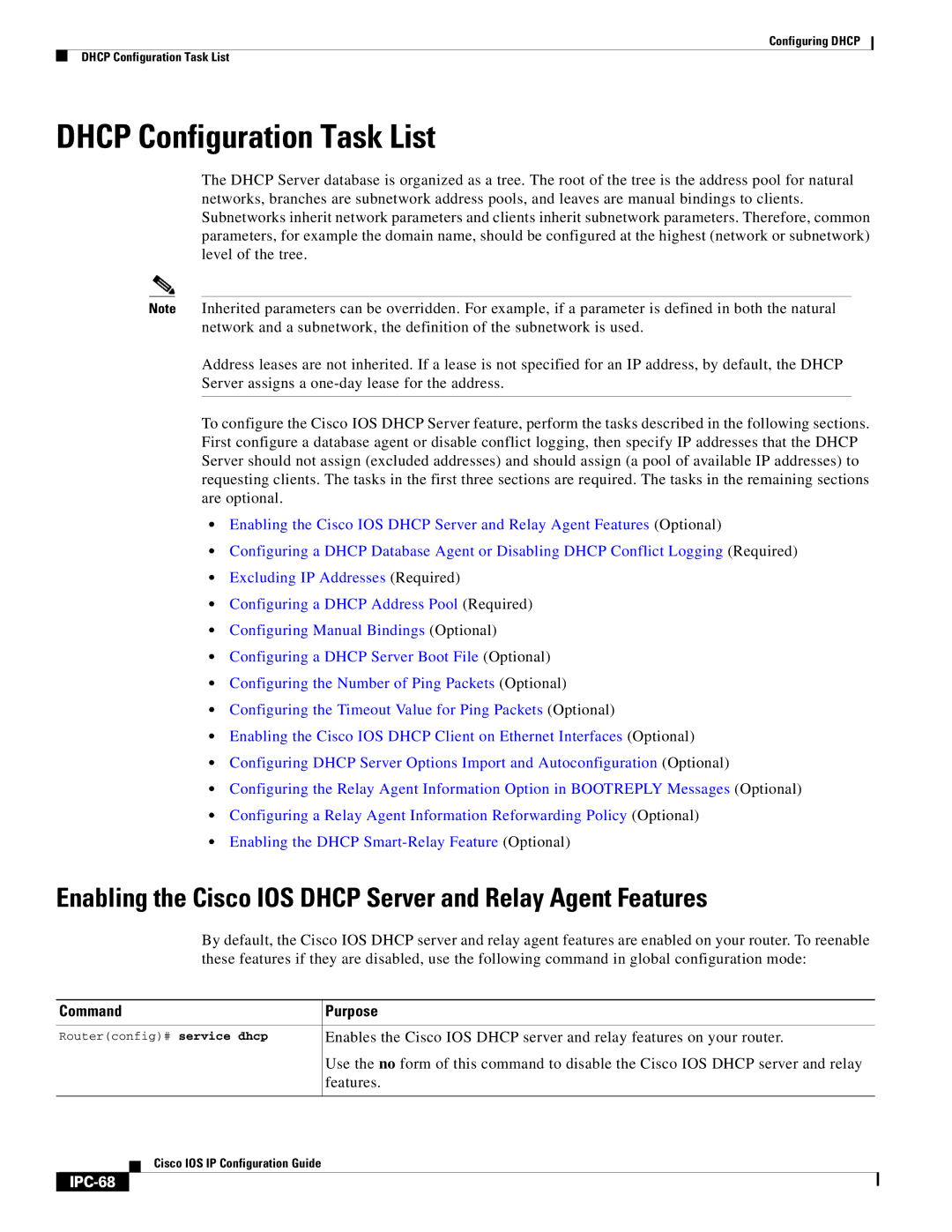 Cisco Systems 78-11741-02 manual Dhcp Configuration Task List, Enabling the Cisco IOS Dhcp Server and Relay Agent Features 