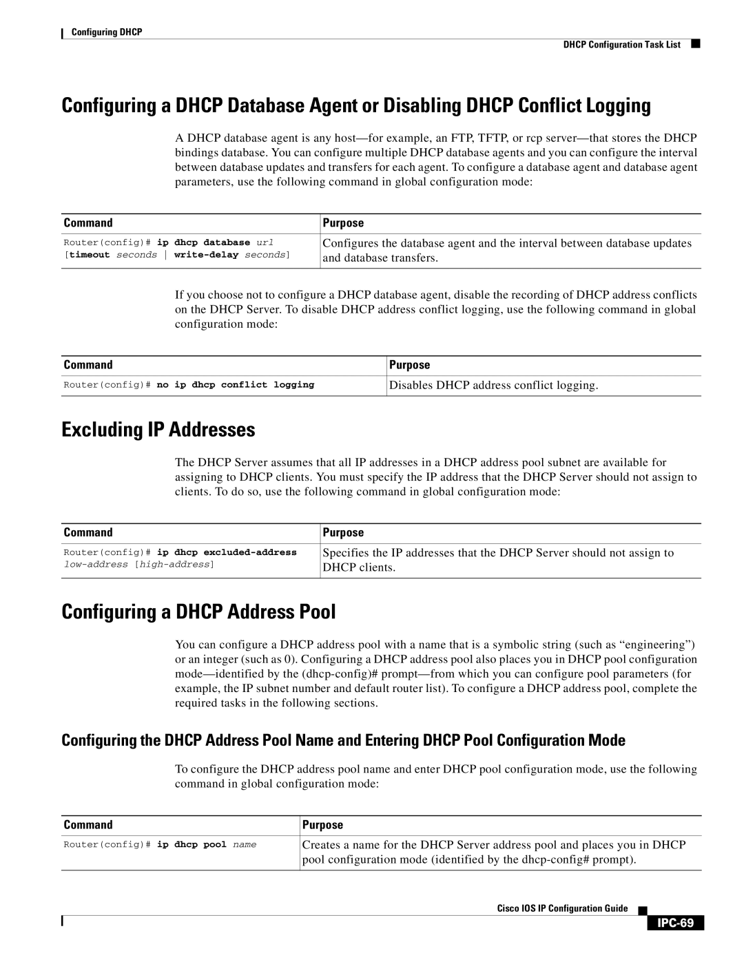 Cisco Systems 78-11741-02 manual Excluding IP Addresses, Configuring a Dhcp Address Pool, Database transfers, Dhcp clients 