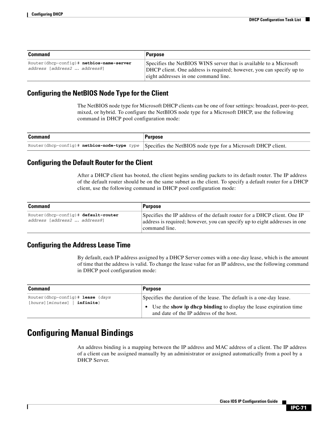 Cisco Systems 78-11741-02 manual Configuring Manual Bindings, Configuring the NetBIOS Node Type for the Client, IPC-71 