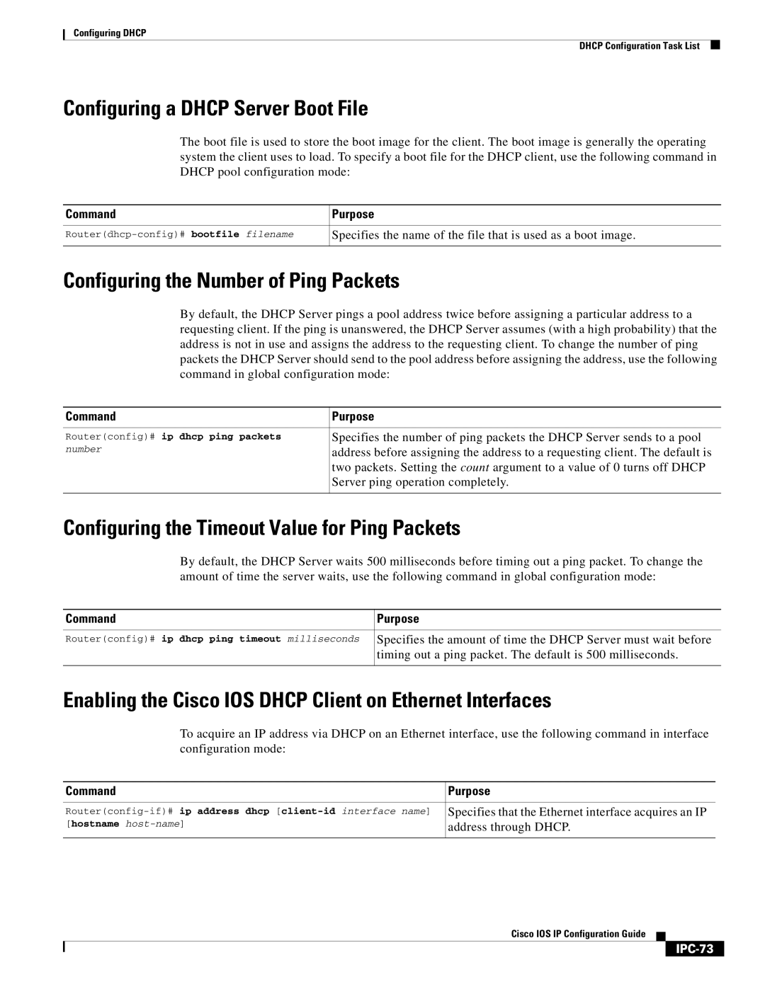 Cisco Systems 78-11741-02 manual Configuring a Dhcp Server Boot File, Configuring the Number of Ping Packets, IPC-73 