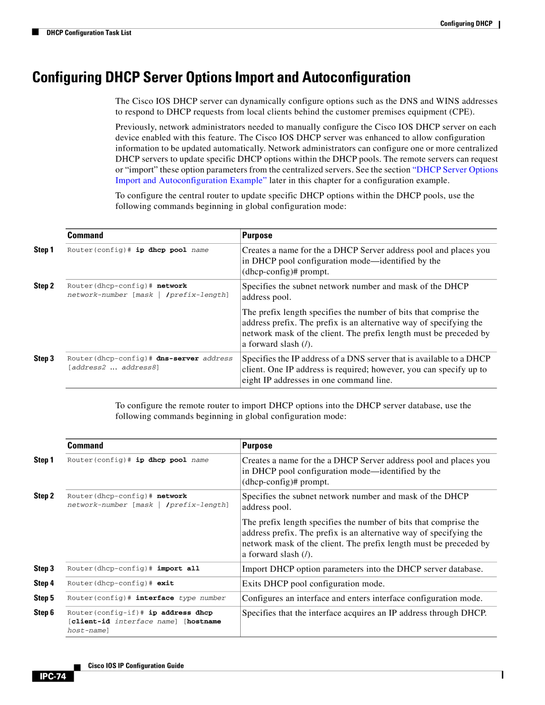 Cisco Systems 78-11741-02 manual Eight IP addresses in one command line, Exits Dhcp pool configuration mode, IPC-74 