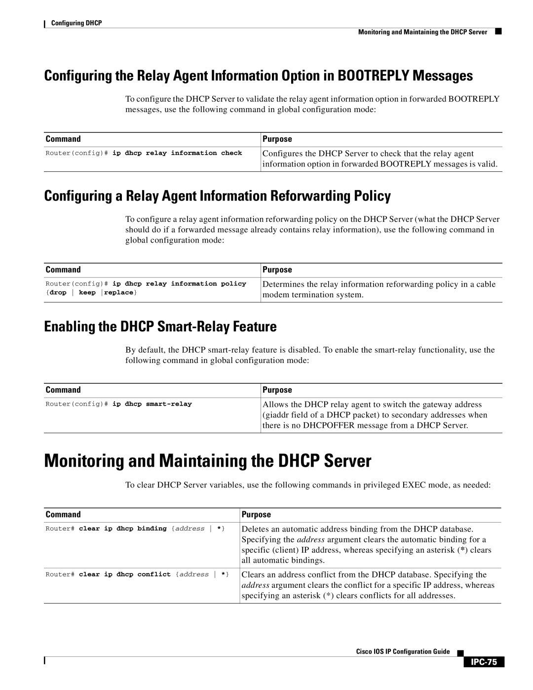 Cisco Systems 78-11741-02 manual Monitoring and Maintaining the Dhcp Server, Enabling the Dhcp Smart-Relay Feature, IPC-75 