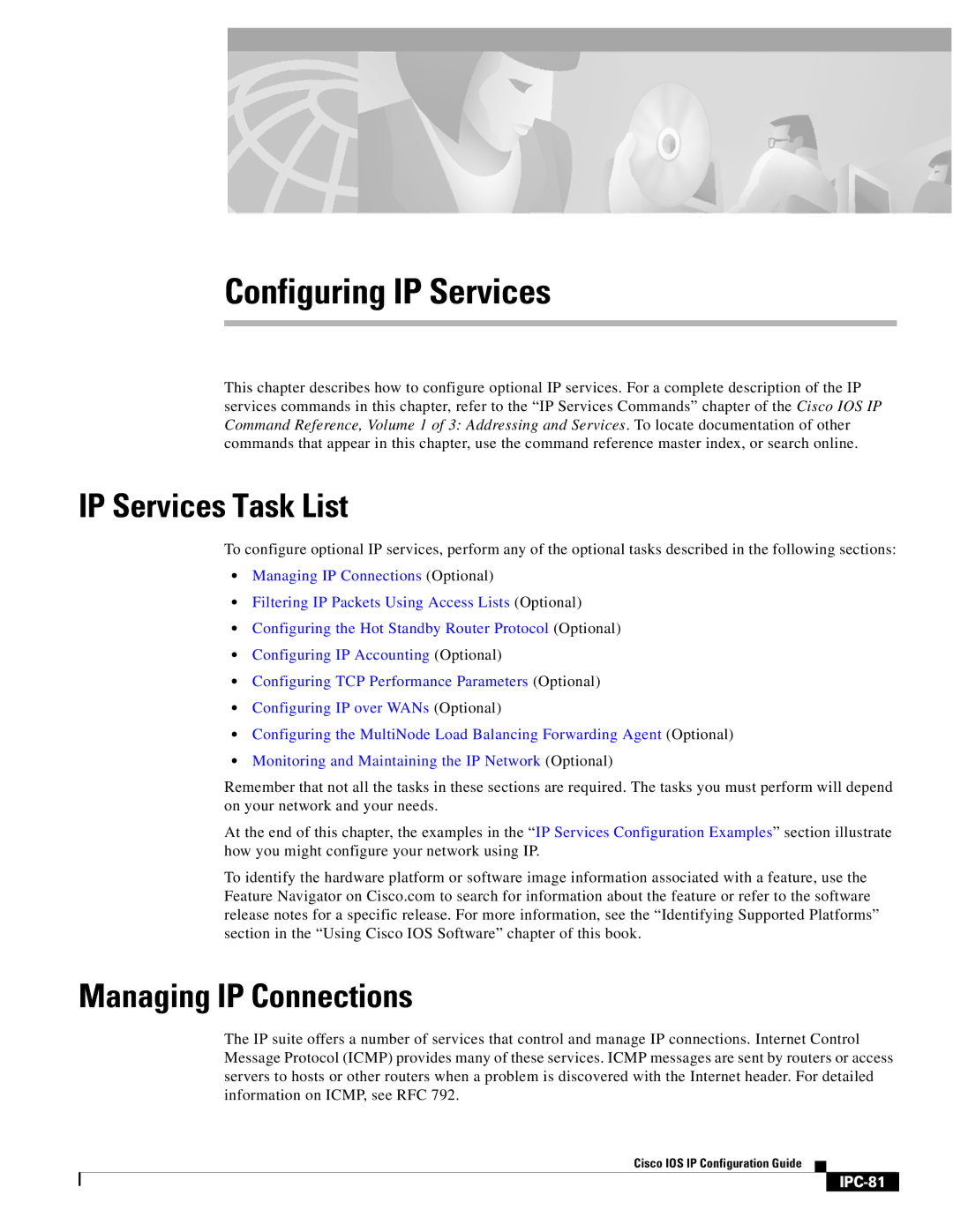 Cisco Systems 78-11741-02 manual Configuring IP Services, IP Services Task List, Managing IP Connections, IPC-81 