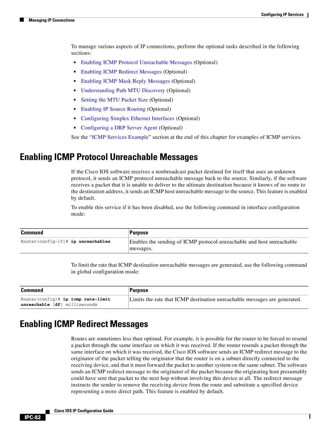 Cisco Systems 78-11741-02 manual Enabling Icmp Protocol Unreachable Messages, Enabling Icmp Redirect Messages, IPC-82 