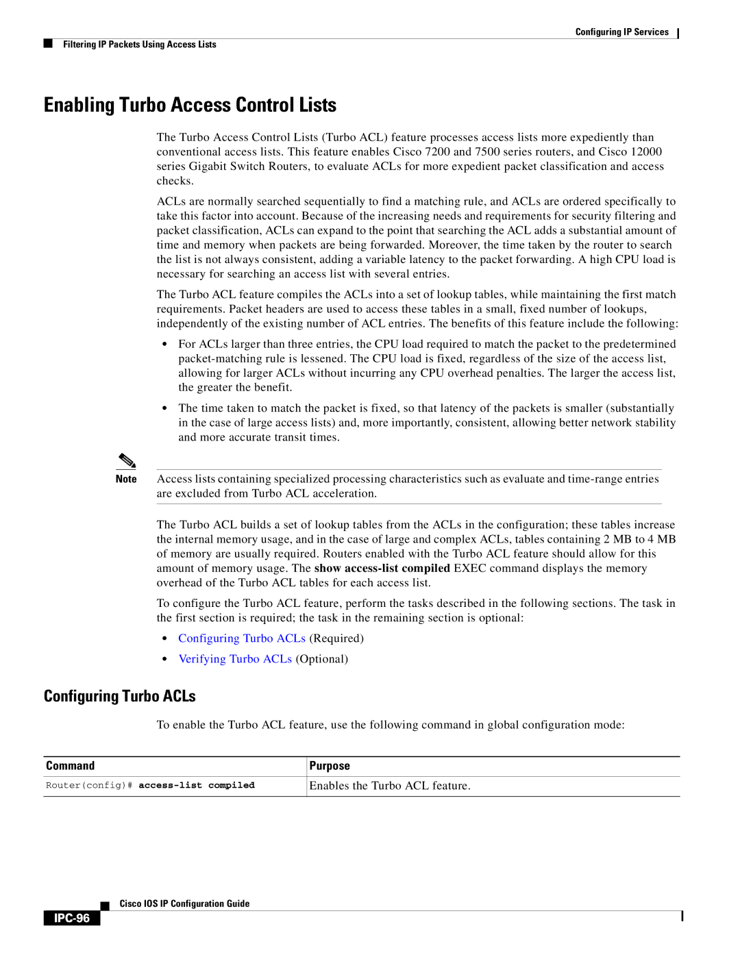 Cisco Systems 78-11741-02 manual Enabling Turbo Access Control Lists, Configuring Turbo ACLs, IPC-96 