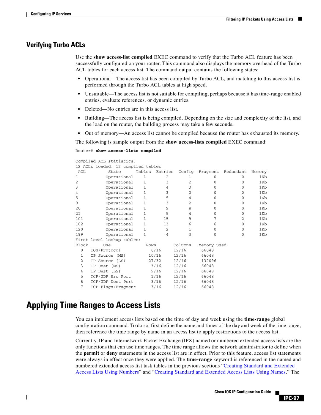 Cisco Systems 78-11741-02 manual Applying Time Ranges to Access Lists, Verifying Turbo ACLs, IPC-97 