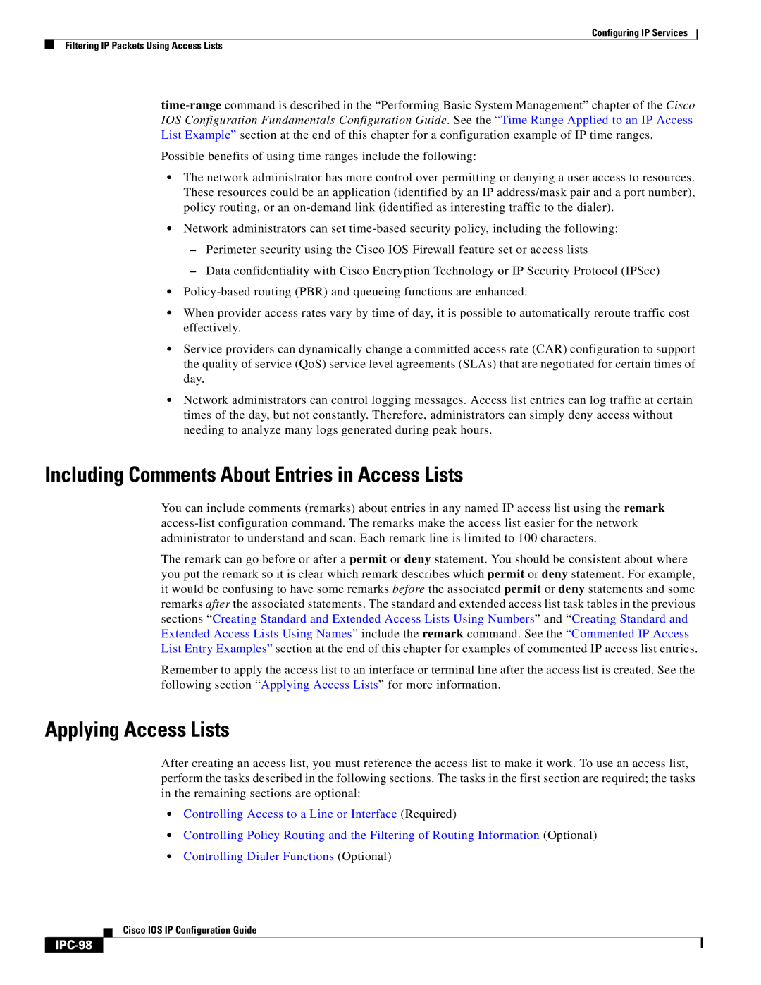 Cisco Systems 78-11741-02 manual Including Comments About Entries in Access Lists, Applying Access Lists, IPC-98 