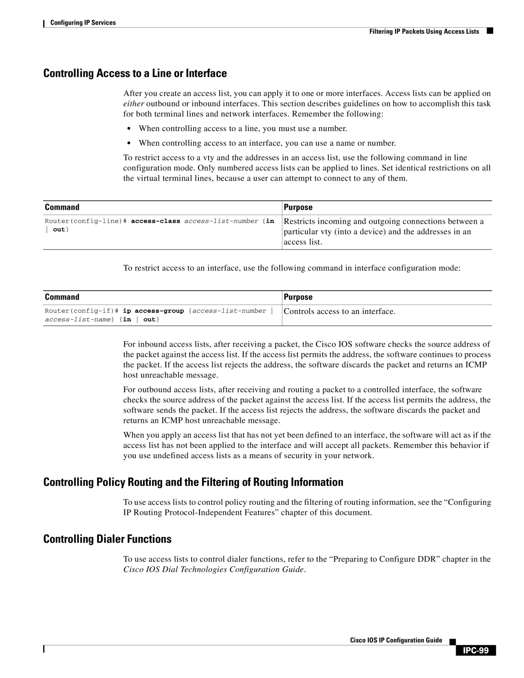 Cisco Systems 78-11741-02 manual Controlling Access to a Line or Interface, Controlling Dialer Functions, IPC-99 