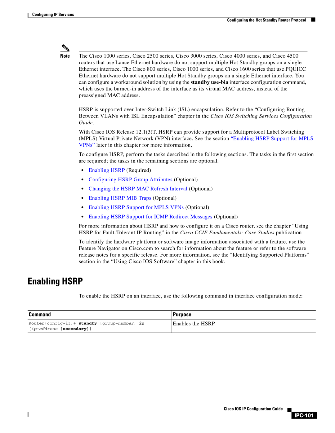 Cisco Systems 78-11741-02 manual Enabling Hsrp, Enables the Hsrp, IPC-101, Routerconfig-if# standby group-number ip 