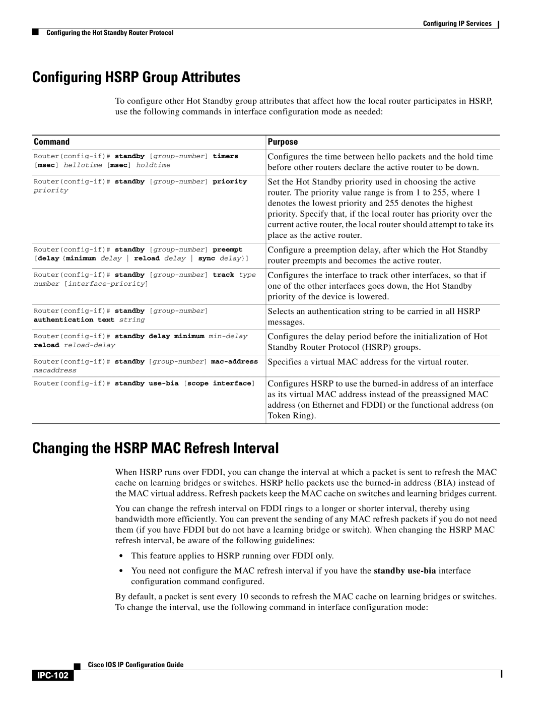 Cisco Systems 78-11741-02 manual Configuring Hsrp Group Attributes, Changing the Hsrp MAC Refresh Interval, IPC-102 