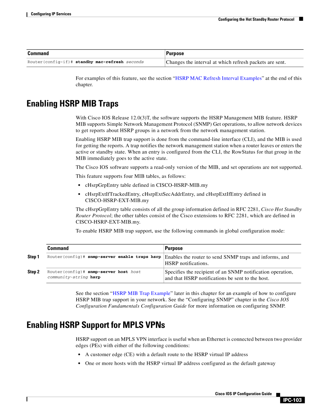 Cisco Systems 78-11741-02 manual Enabling Hsrp MIB Traps, Enabling Hsrp Support for Mpls VPNs, IPC-103 