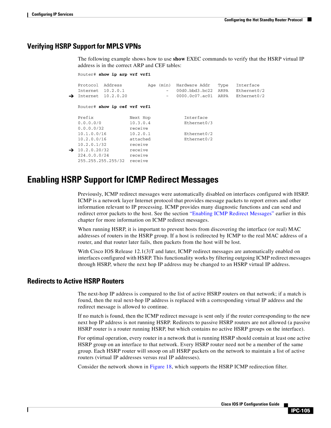 Cisco Systems 78-11741-02 Enabling Hsrp Support for Icmp Redirect Messages, Verifying Hsrp Support for Mpls VPNs, IPC-105 