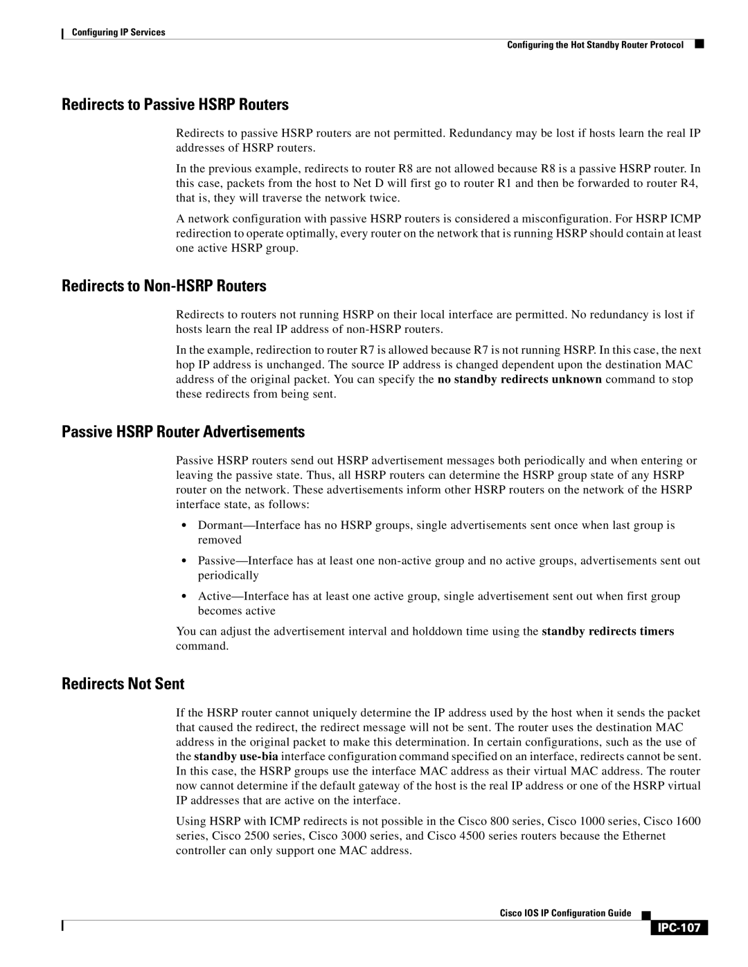 Cisco Systems 78-11741-02 Redirects to Passive Hsrp Routers, Redirects to Non-HSRP Routers, Redirects Not Sent, IPC-107 