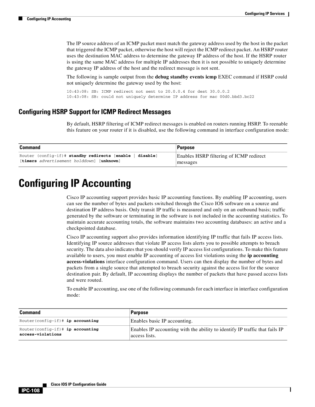 Cisco Systems 78-11741-02 manual Configuring IP Accounting, Configuring Hsrp Support for Icmp Redirect Messages, IPC-108 