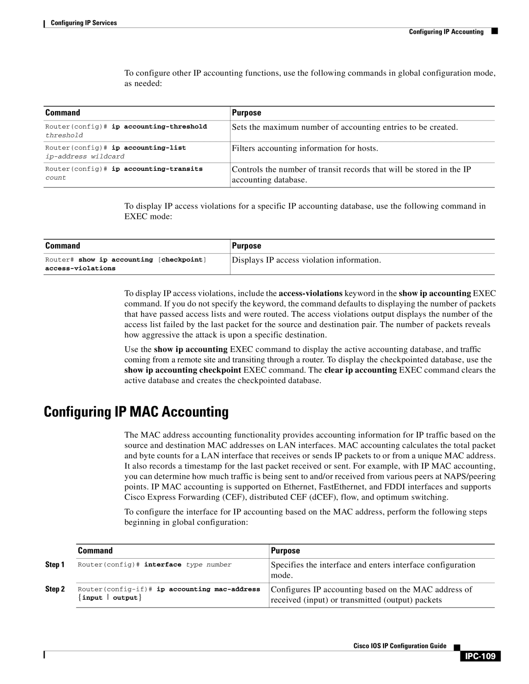 Cisco Systems 78-11741-02 manual Configuring IP MAC Accounting, IPC-109 