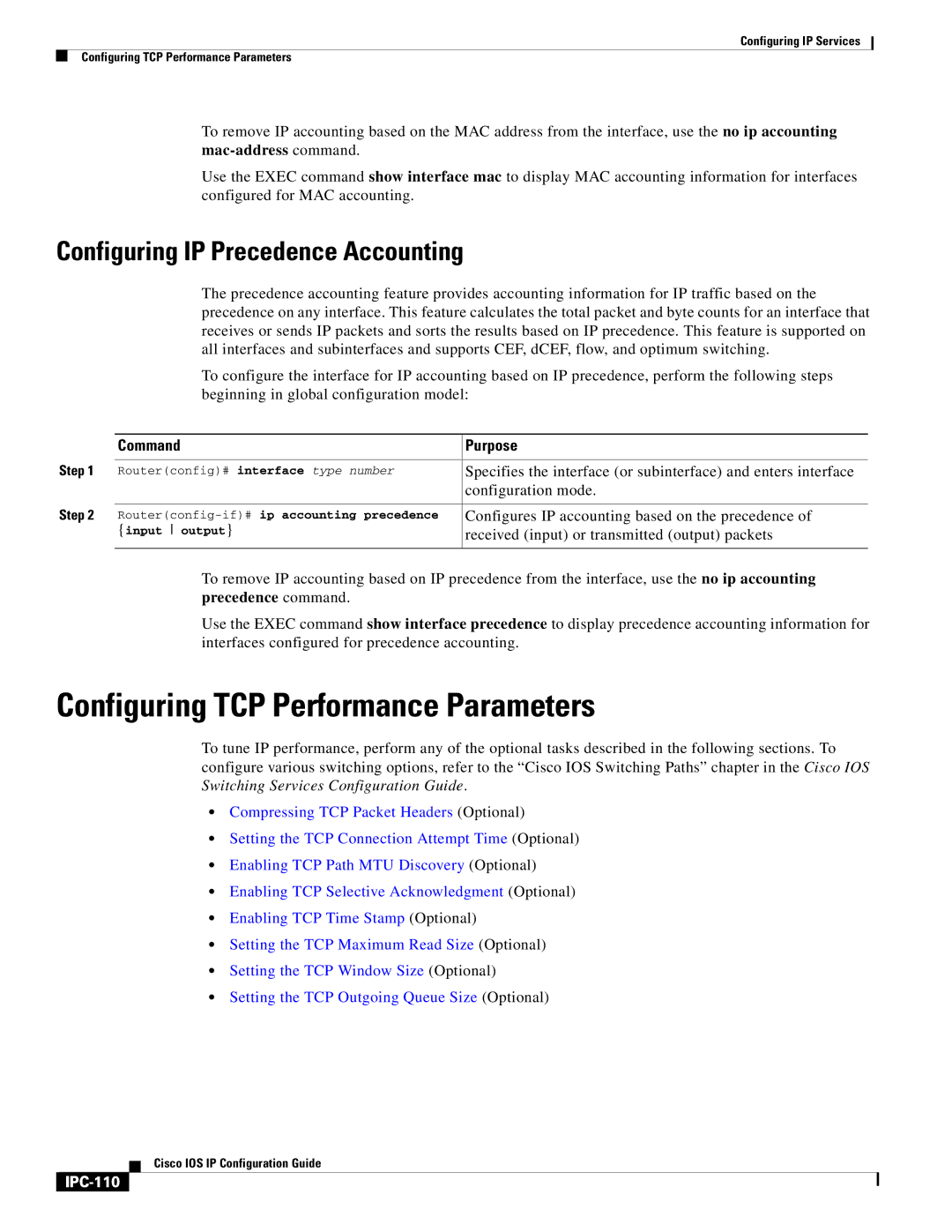 Cisco Systems 78-11741-02 manual Configuring TCP Performance Parameters, Configuring IP Precedence Accounting, IPC-110 