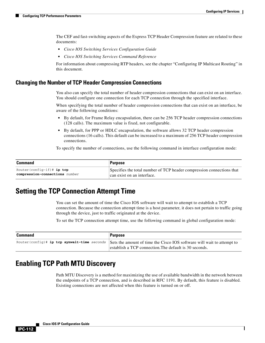 Cisco Systems 78-11741-02 manual Setting the TCP Connection Attempt Time, Enabling TCP Path MTU Discovery, IPC-112 