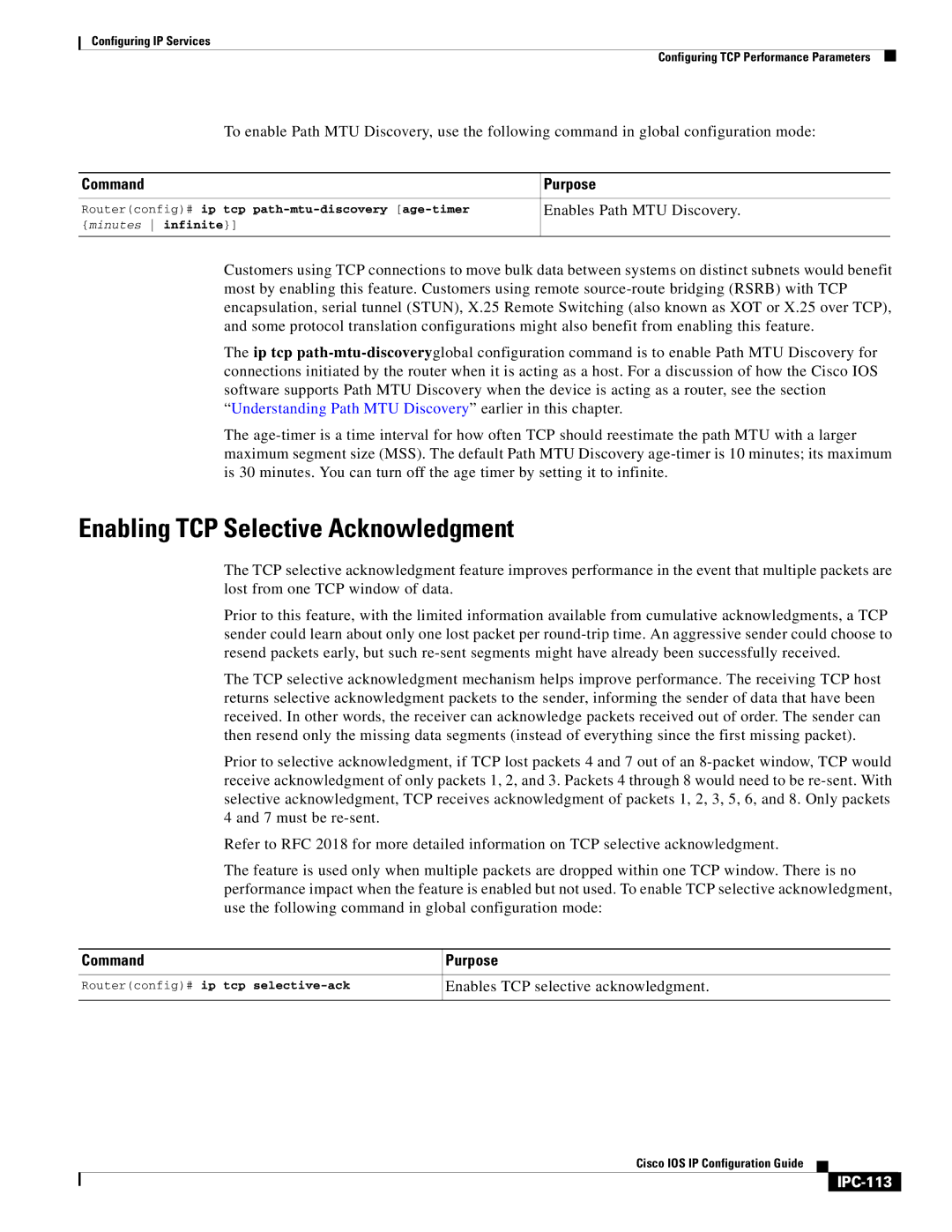 Cisco Systems 78-11741-02 manual Enabling TCP Selective Acknowledgment, Enables Path MTU Discovery, IPC-113 