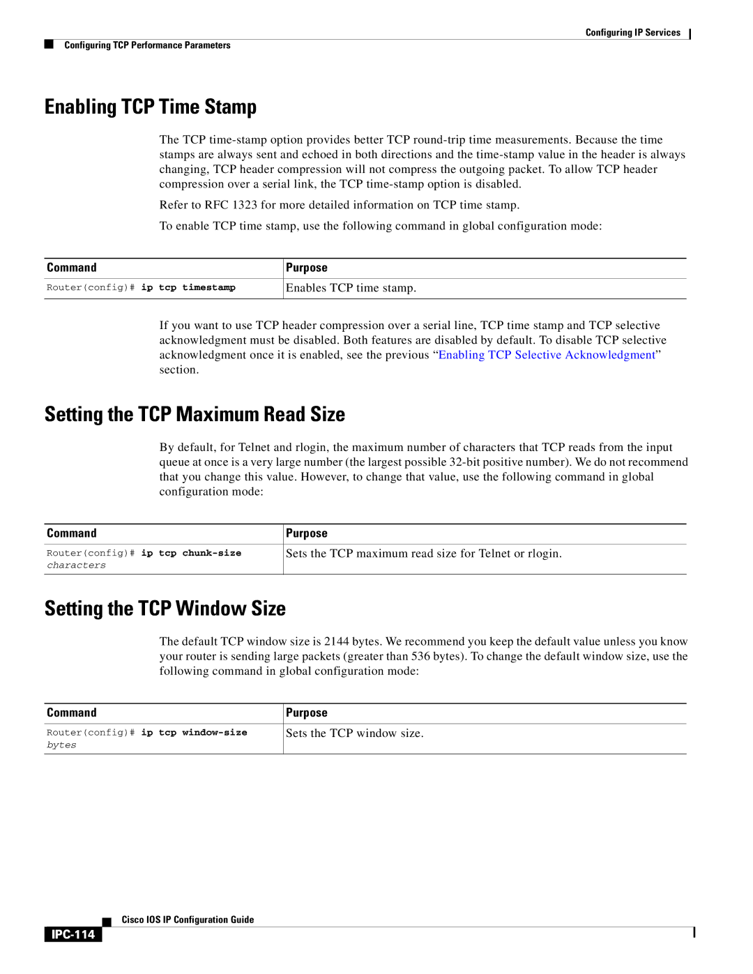 Cisco Systems 78-11741-02 Enabling TCP Time Stamp, Setting the TCP Maximum Read Size, Setting the TCP Window Size, IPC-114 