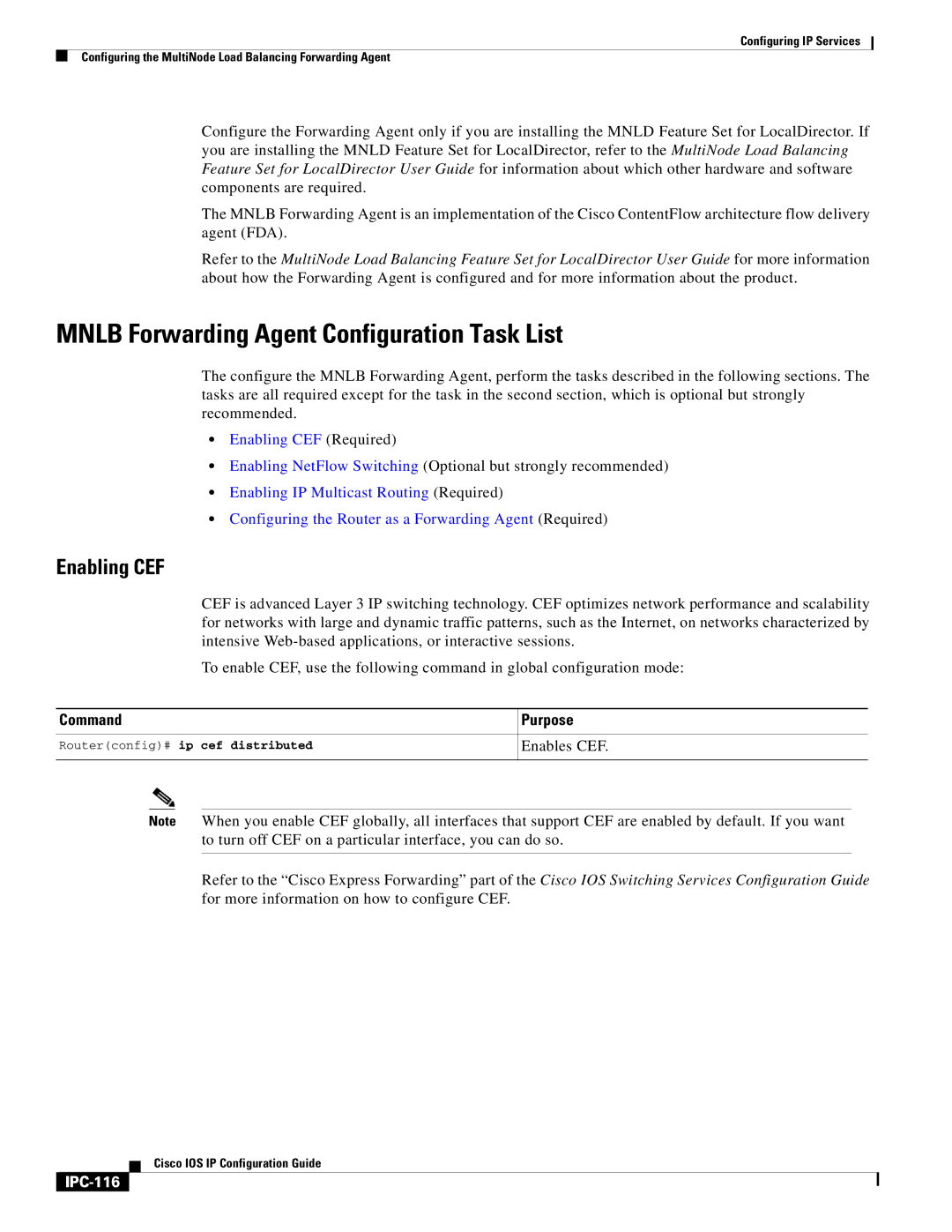 Cisco Systems 78-11741-02 manual Mnlb Forwarding Agent Configuration Task List, Enabling CEF, IPC-116 