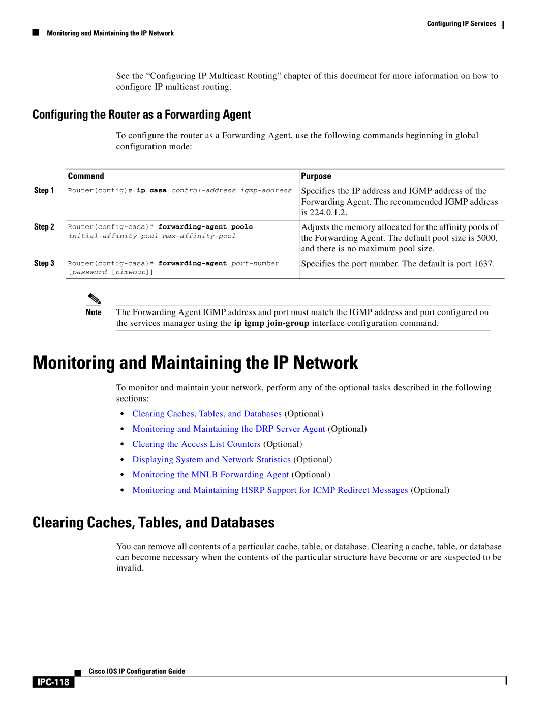 Cisco Systems 78-11741-02 Monitoring and Maintaining the IP Network, Configuring the Router as a Forwarding Agent, IPC-118 