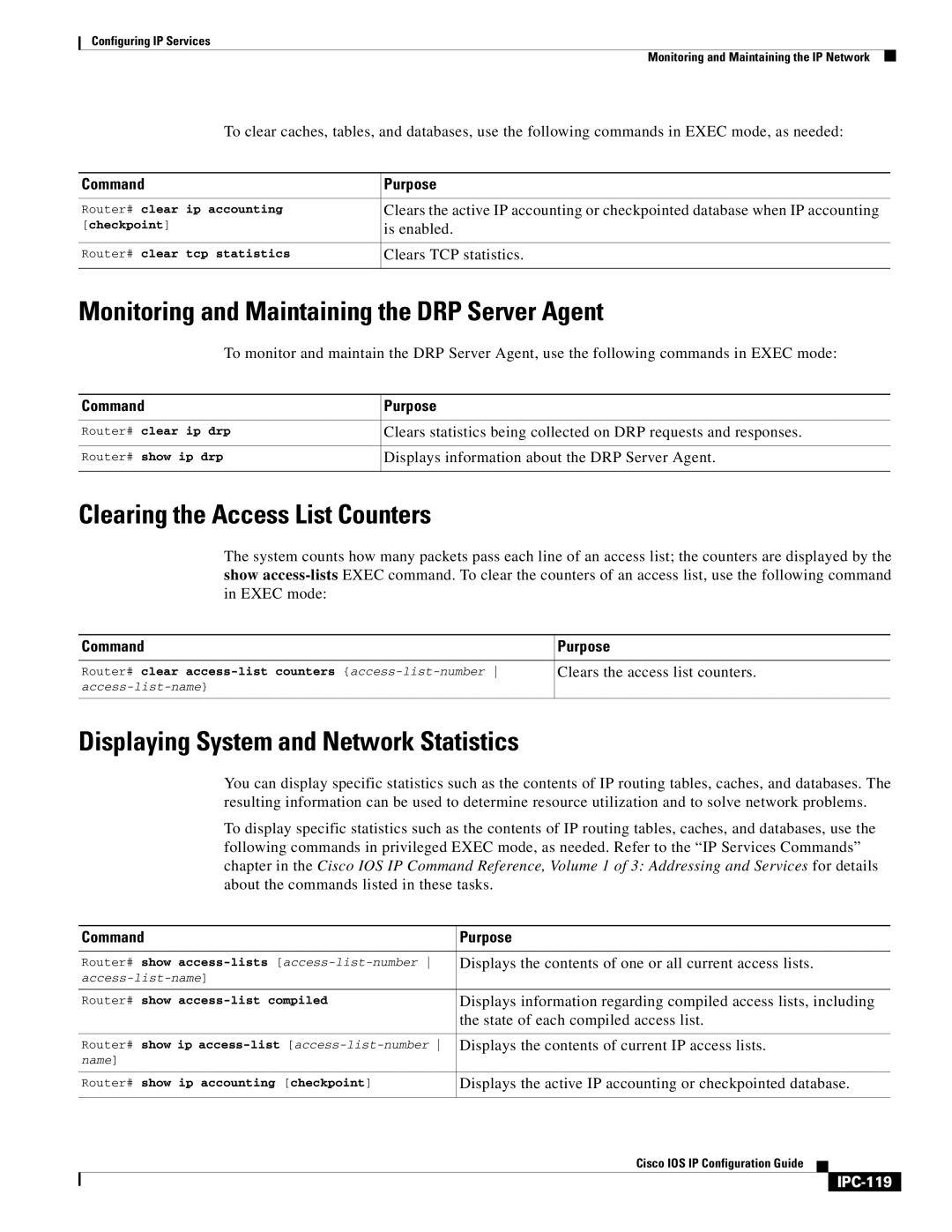 Cisco Systems 78-11741-02 Monitoring and Maintaining the DRP Server Agent, Clearing the Access List Counters, IPC-119 