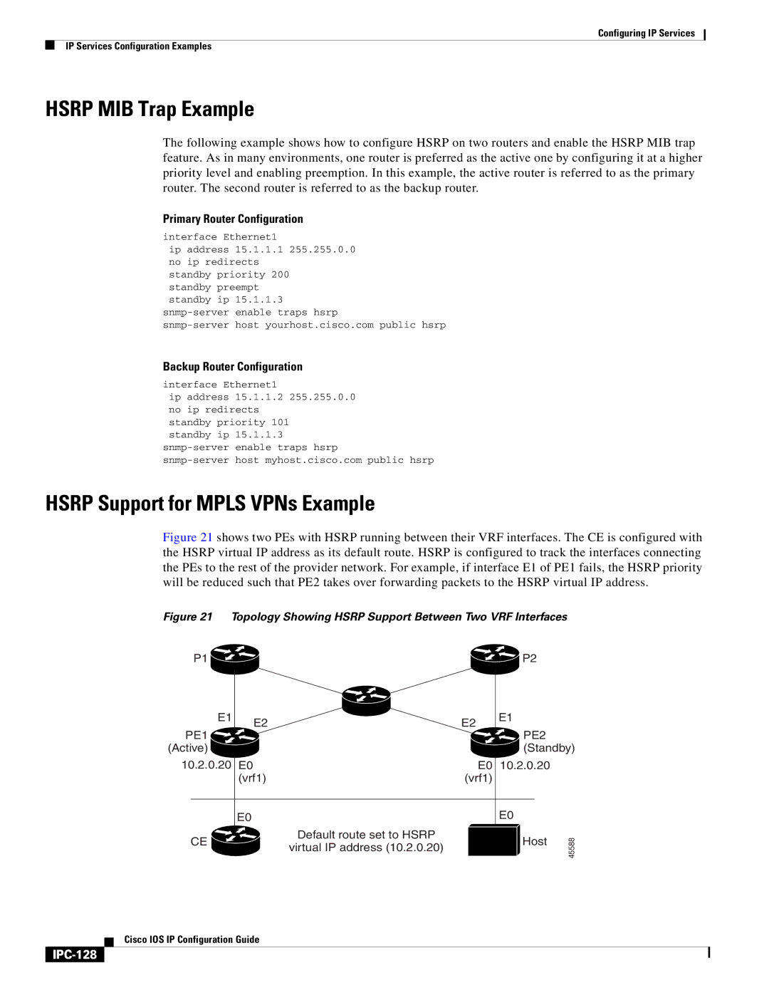 Cisco Systems 78-11741-02 Hsrp MIB Trap Example, Hsrp Support for Mpls VPNs Example, Primary Router Configuration, IPC-128 