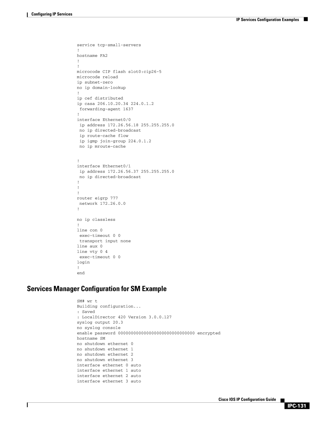 Cisco Systems 78-11741-02 manual Services Manager Configuration for SM Example, IPC-131 