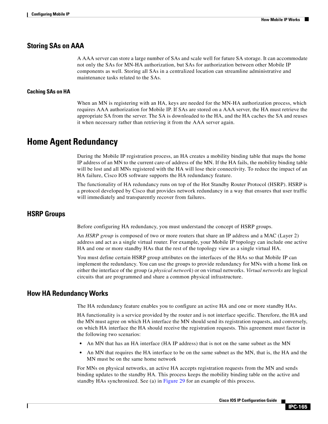 Cisco Systems 78-11741-02 manual Home Agent Redundancy, Storing SAs on AAA, Hsrp Groups, How HA Redundancy Works, IPC-165 