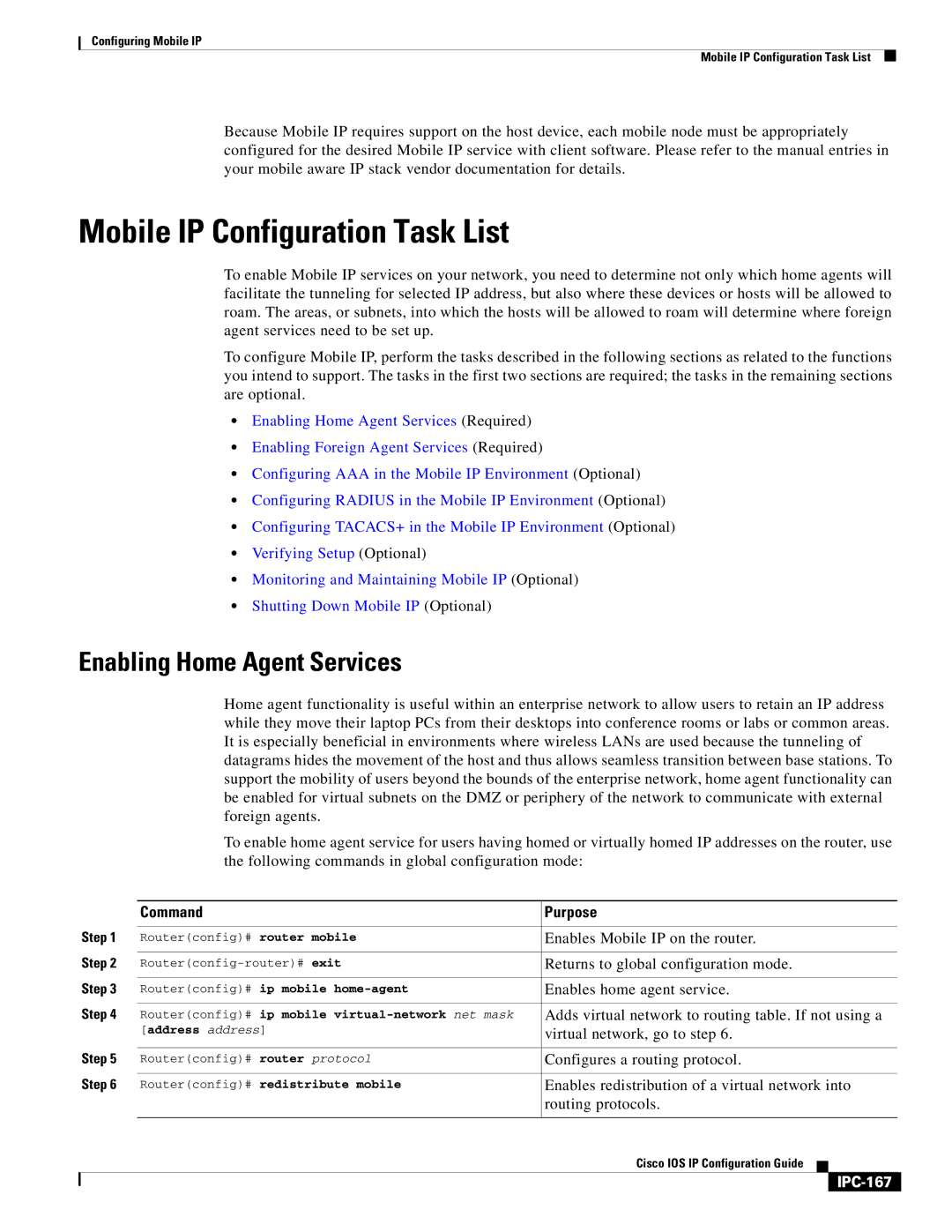 Cisco Systems 78-11741-02 manual Mobile IP Configuration Task List, Enabling Home Agent Services, IPC-167 