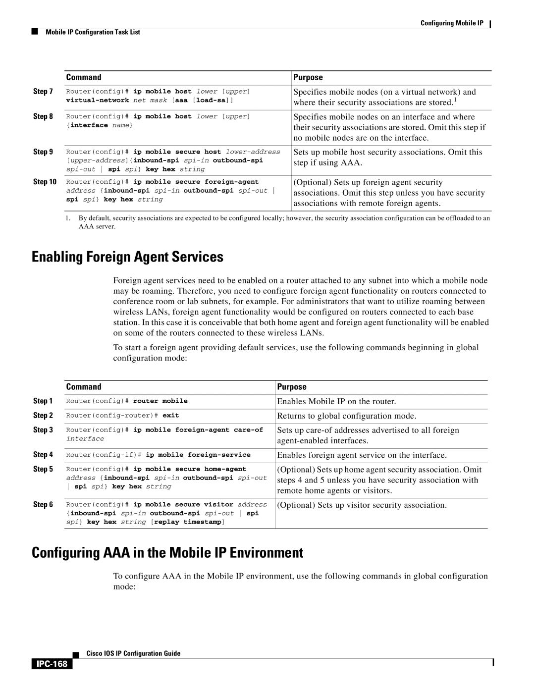 Cisco Systems 78-11741-02 manual Enabling Foreign Agent Services, Configuring AAA in the Mobile IP Environment, IPC-168 