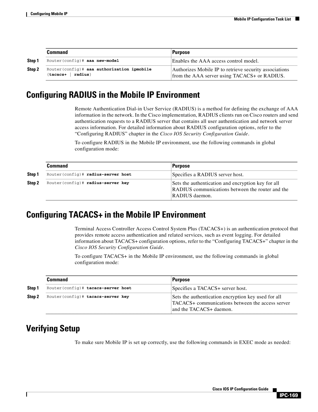 Cisco Systems 78-11741-02 manual Configuring Radius in the Mobile IP Environment, Verifying Setup, IPC-169 