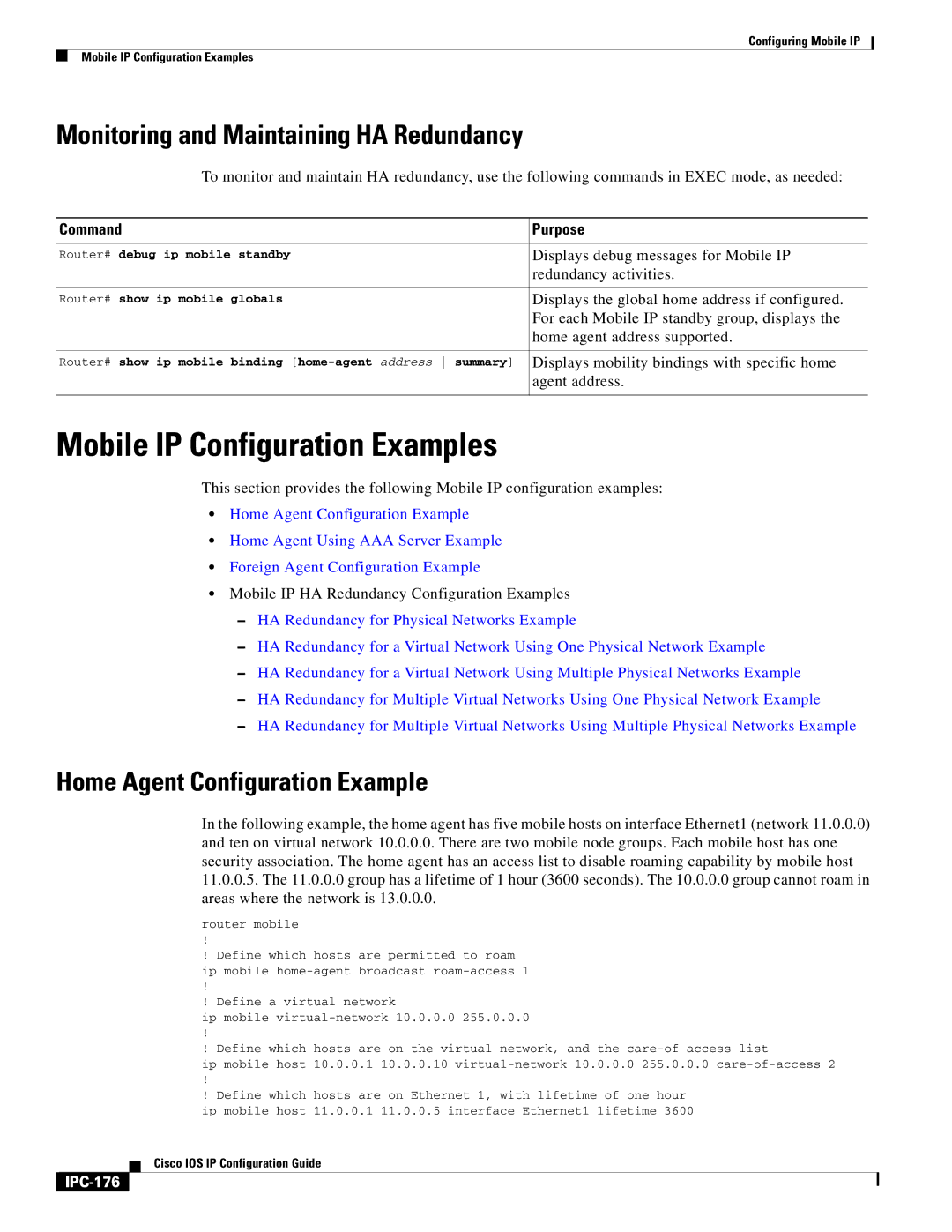 Cisco Systems 78-11741-02 manual Mobile IP Configuration Examples, Monitoring and Maintaining HA Redundancy, IPC-176 