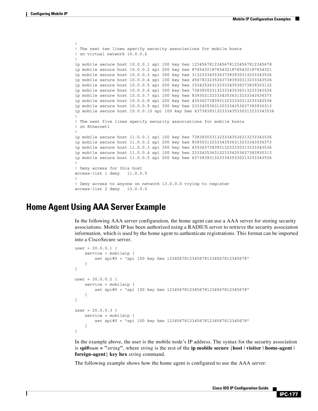 Cisco Systems 78-11741-02 manual Home Agent Using AAA Server Example, IPC-177 