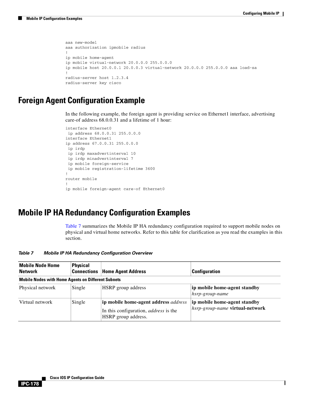 Cisco Systems 78-11741-02 Foreign Agent Configuration Example, Mobile IP HA Redundancy Configuration Examples, IPC-178 