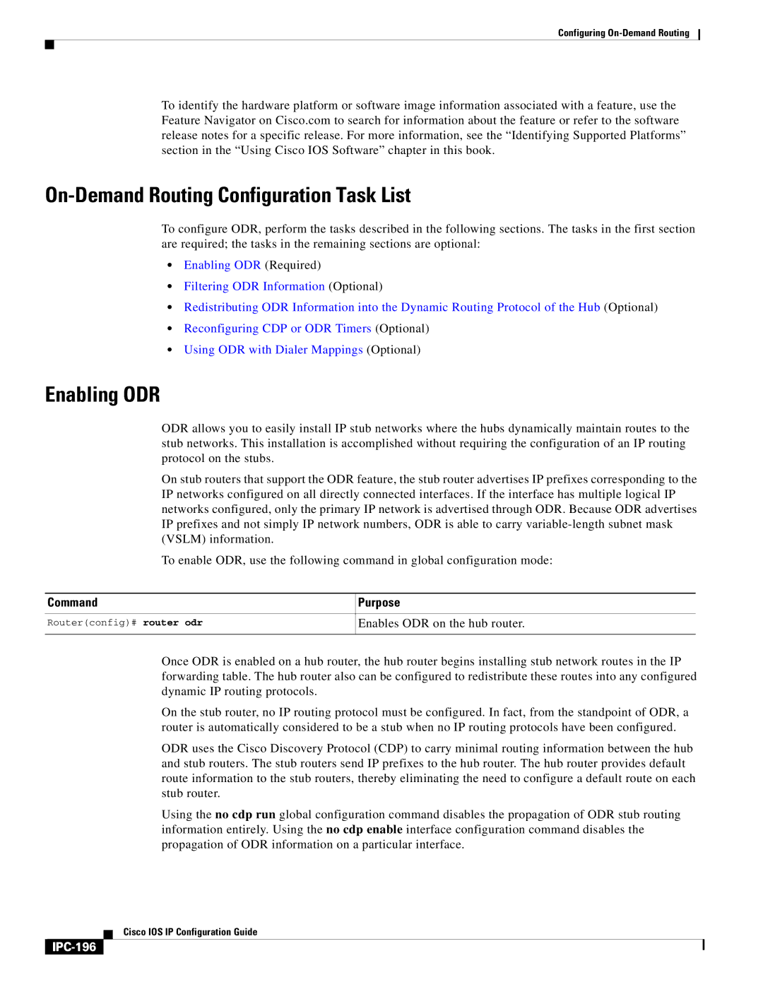 Cisco Systems 78-11741-02 manual On-Demand Routing Configuration Task List, Enabling ODR, IPC-196 