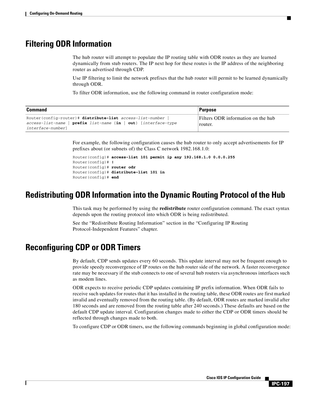 Cisco Systems 78-11741-02 Filtering ODR Information, Reconfiguring CDP or ODR Timers, Filters ODR information on the hub 