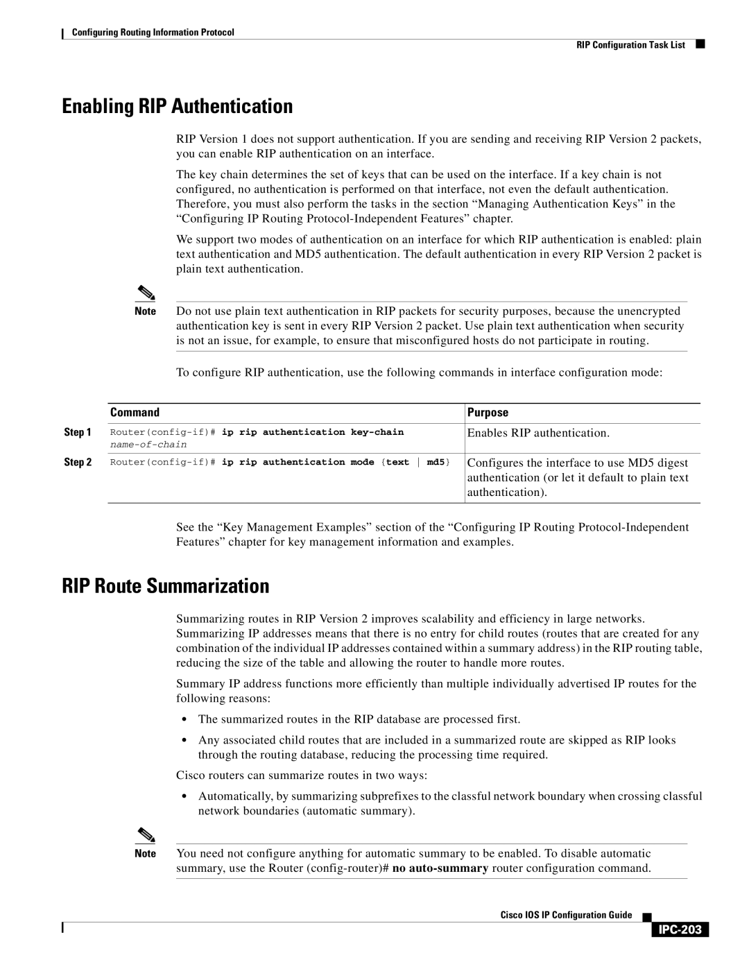 Cisco Systems 78-11741-02 manual Enabling RIP Authentication, RIP Route Summarization, IPC-203 