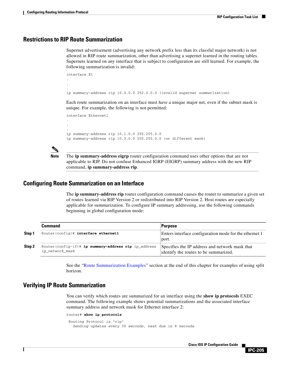 Cisco Systems 78-11741-02 manual Restrictions to RIP Route Summarization, Configuring Route Summarization on an Interface 