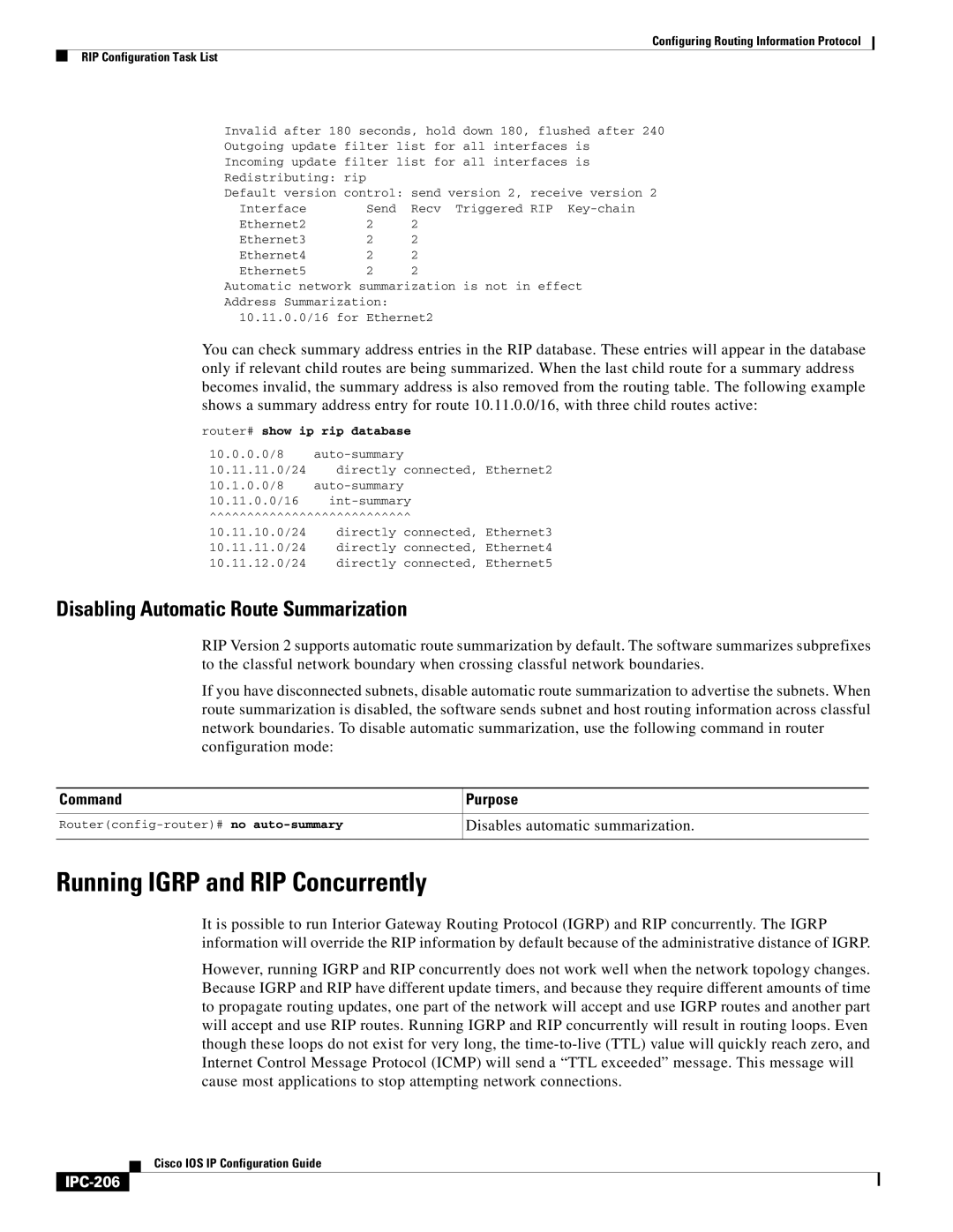 Cisco Systems 78-11741-02 manual Running Igrp and RIP Concurrently, Disabling Automatic Route Summarization, IPC-206 