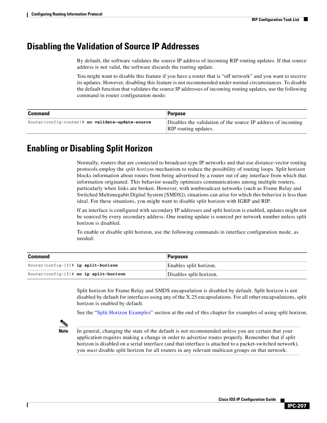 Cisco Systems 78-11741-02 Disabling the Validation of Source IP Addresses, Enabling or Disabling Split Horizon, IPC-207 