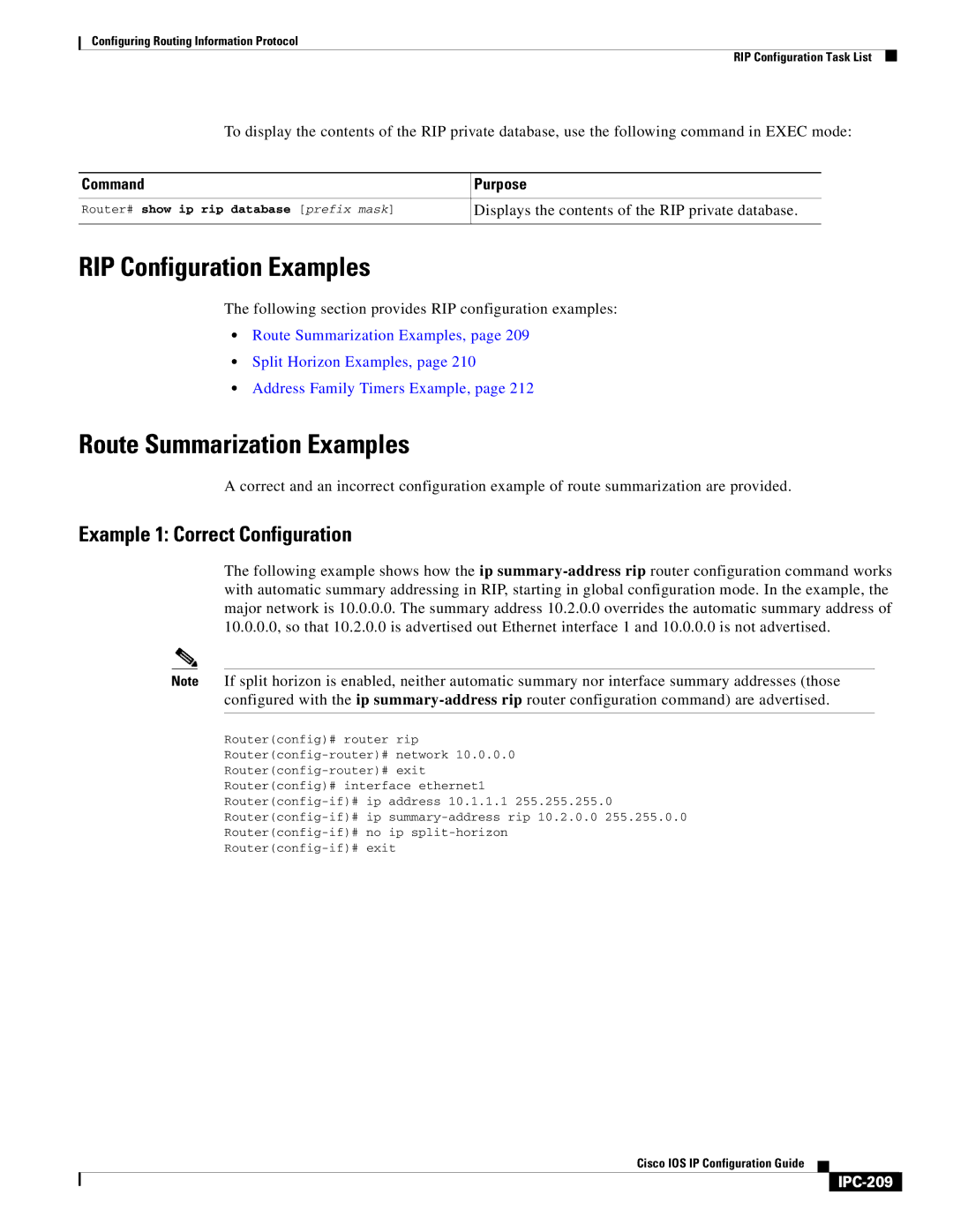 Cisco Systems 78-11741-02 manual RIP Configuration Examples, Route Summarization Examples, Example 1 Correct Configuration 