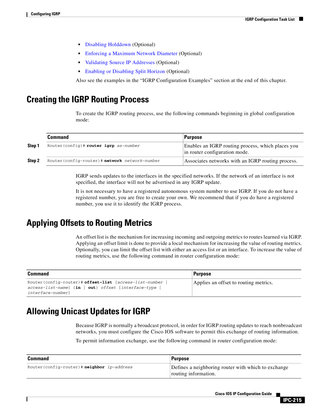 Cisco Systems 78-11741-02 manual Creating the Igrp Routing Process, Allowing Unicast Updates for Igrp, IPC-215 