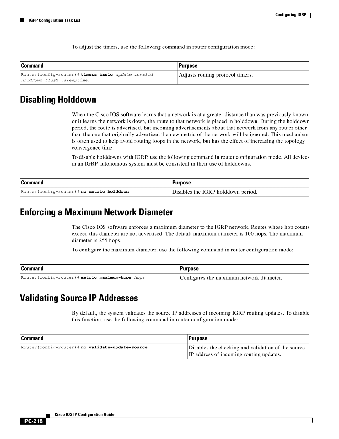 Cisco Systems 78-11741-02 manual Disabling Holddown, Enforcing a Maximum Network Diameter, Validating Source IP Addresses 