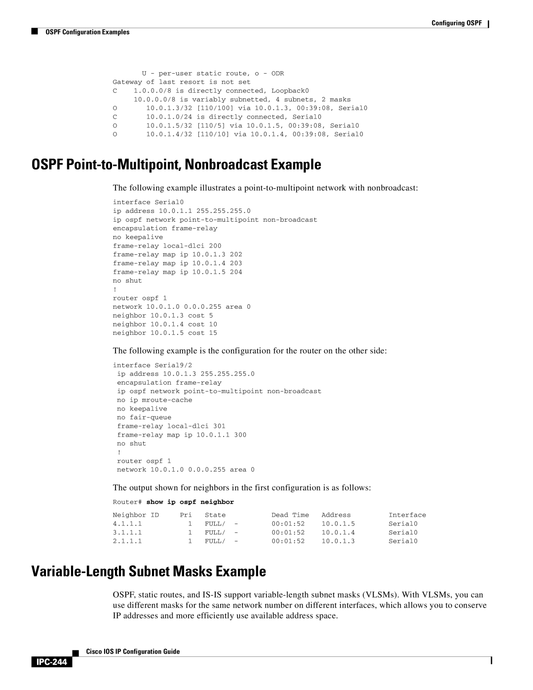 Cisco Systems 78-11741-02 Ospf Point-to-Multipoint, Nonbroadcast Example, Variable-Length Subnet Masks Example, IPC-244 