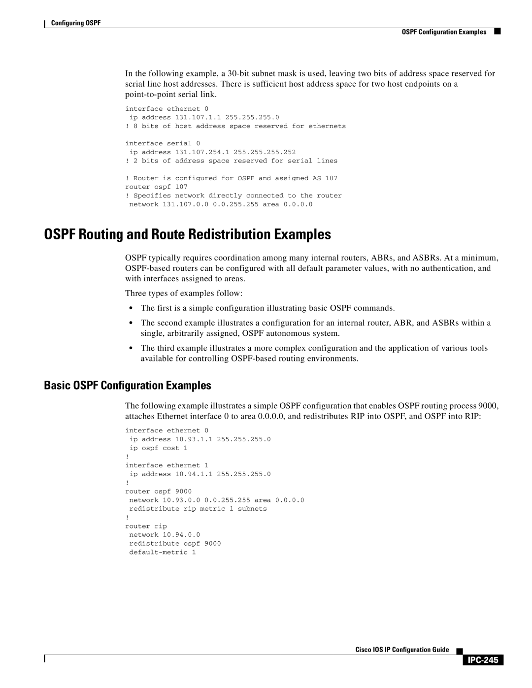 Cisco Systems 78-11741-02 manual Ospf Routing and Route Redistribution Examples, Basic Ospf Configuration Examples, IPC-245 